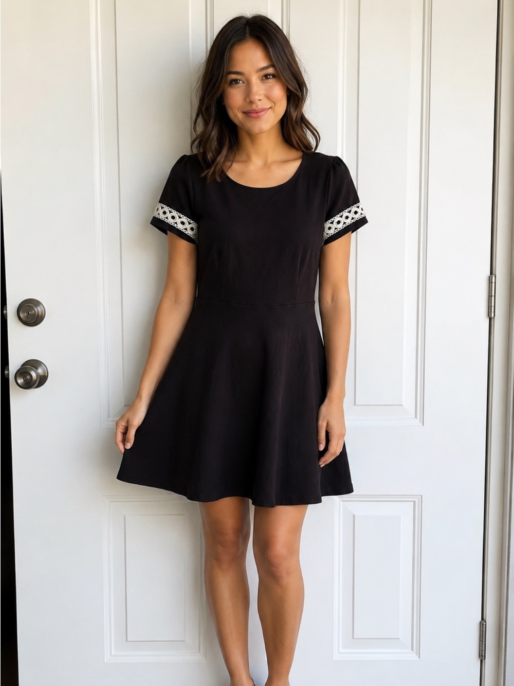 Talbots Black Puff Eyelet Sleeve A-Line Dress 100% Cotton size amp
